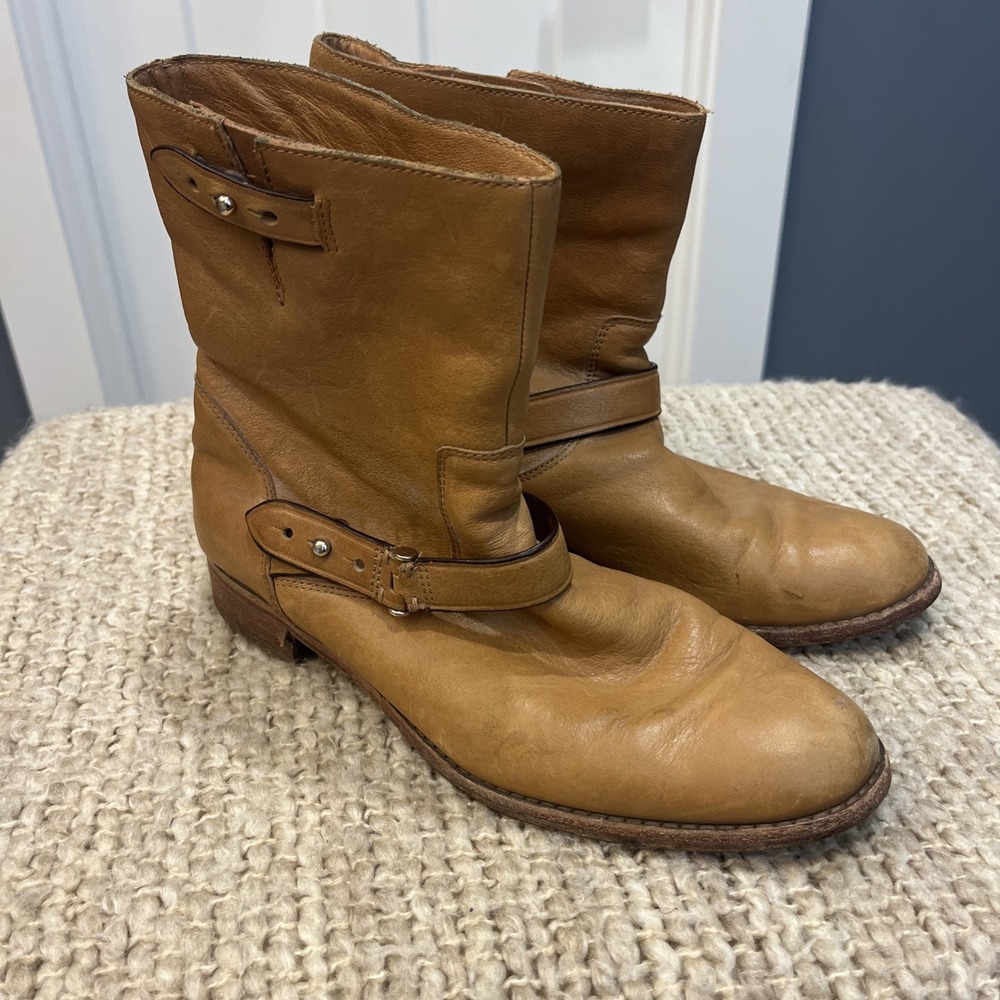 Coach Moto Amy‎ Biker Boots Women's Sz 7.5 B Cognac Tan Leather Mid Calf Harness